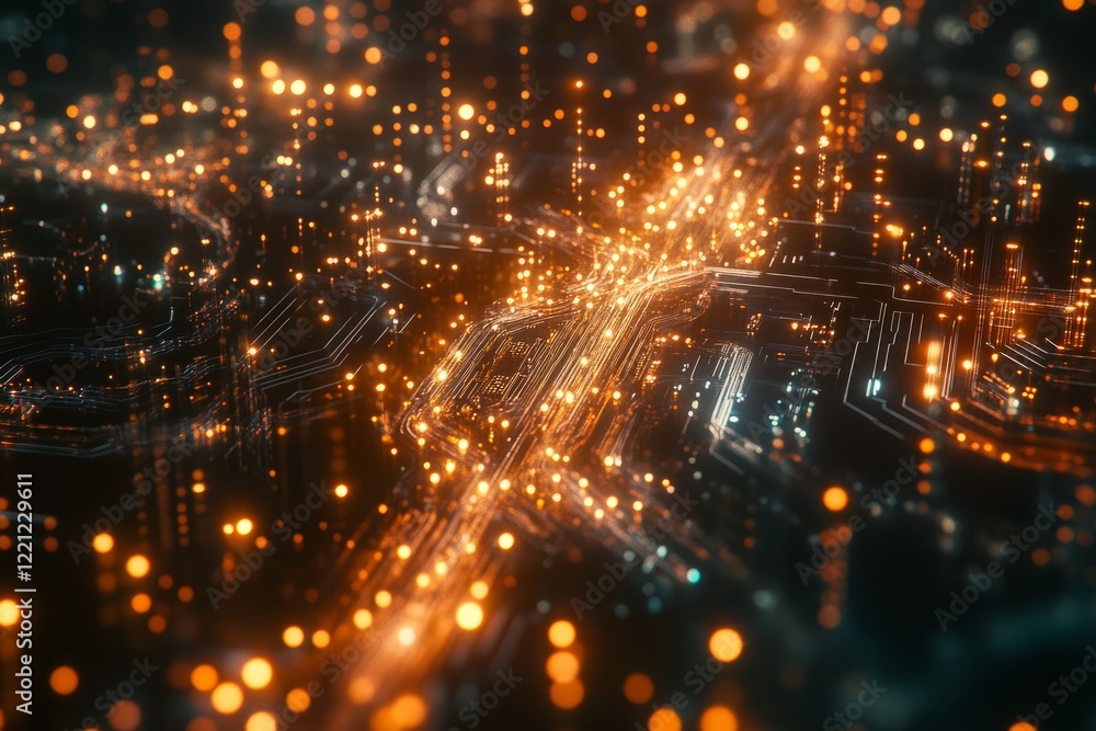 Modern city intersection illuminated at night, showcasing vibrant lights and intricate road patterns