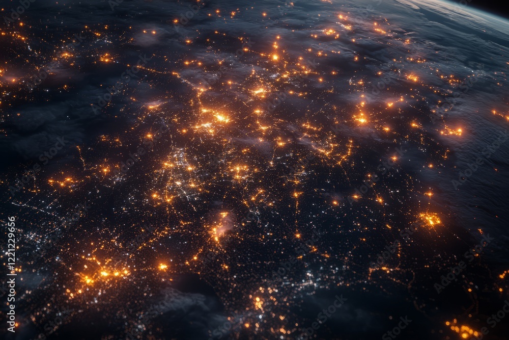Vibrant city lights illuminate the earth from space at nighttime showcasing human activity and urban development across various regions