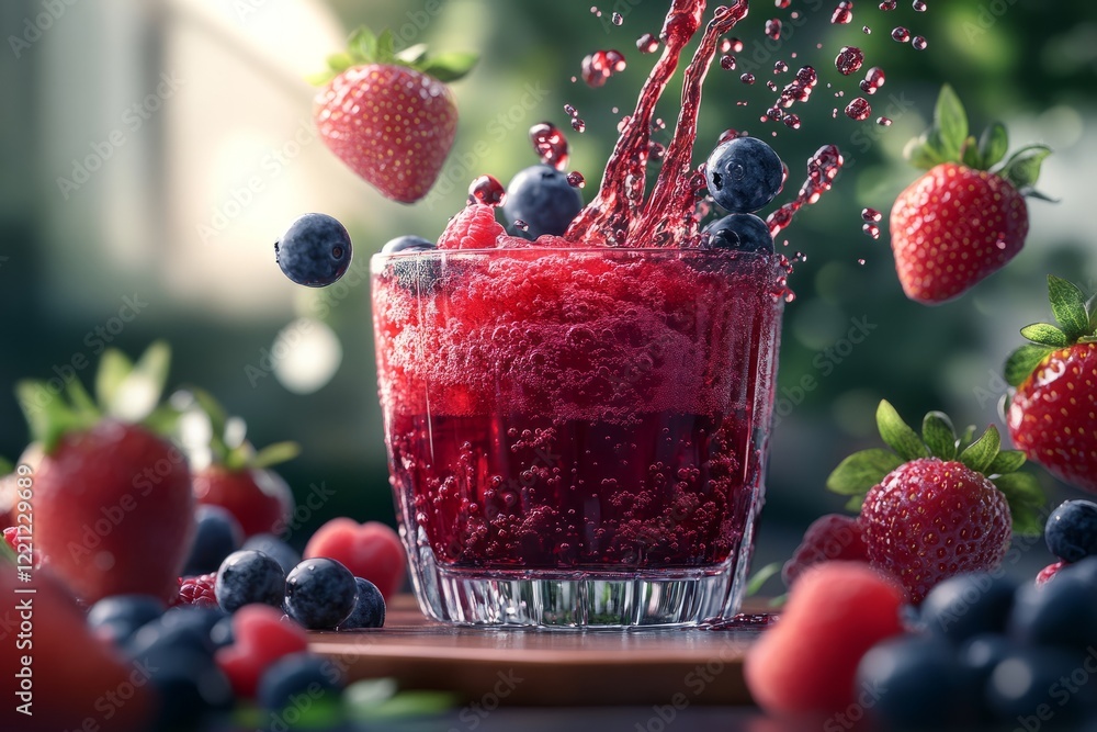 Freshly blended berry smoothie splashes in a glass surrounded by strawberries and blueberries in a bright garden setting