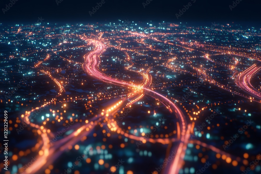 City skyline at night showcasing vibrant traffic patterns and luminous city lights across the urban landscape