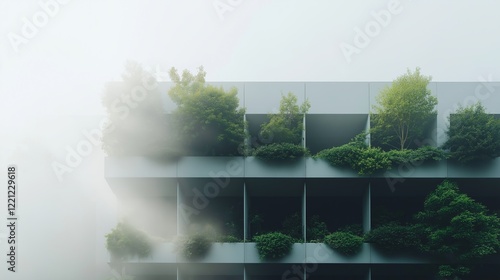 A futuristic cityscape featuring high-tech green buildings with lush vegetation, symbolizing sustainable urban development, eco-innovation, and AI-driven smart city architecture. photo