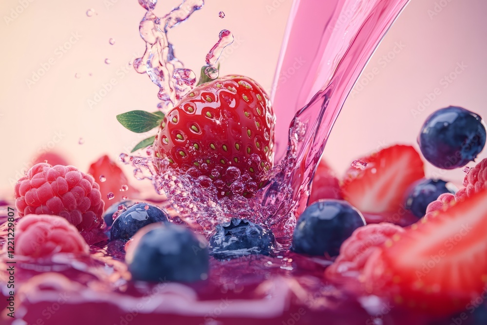 Berry splash with refreshing juice pouring over strawberries and blueberries accentuating summer vibes during bright afternoon