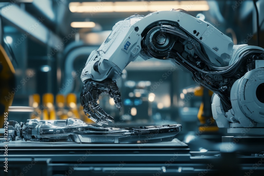 A highly advanced robotic arm is diligently executing intricate assembly tasks within a state-of-the-art manufacturing facility