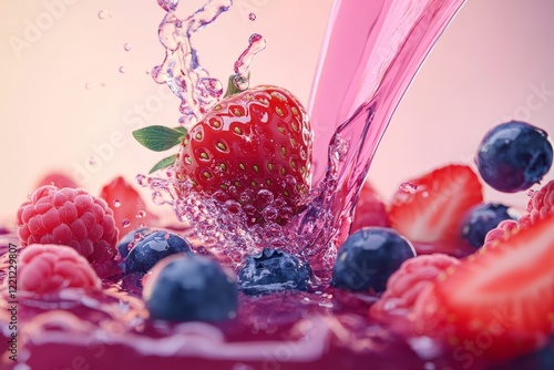 Obraz na płótnie Berry splash with refreshing juice pouring over strawberries and blueberries accentuating summer vibes during bright afternoon w salonie