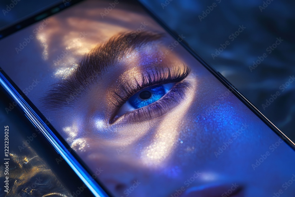 Close-up of a woman's eye displaying vibrant blue colors and intricate details against a dark, reflective background during an artistic photography session