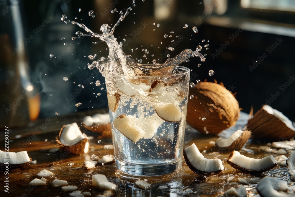 Refreshing coconut water splashes in a glass with broken coconut pieces on a rustic wooden table during late afternoon light