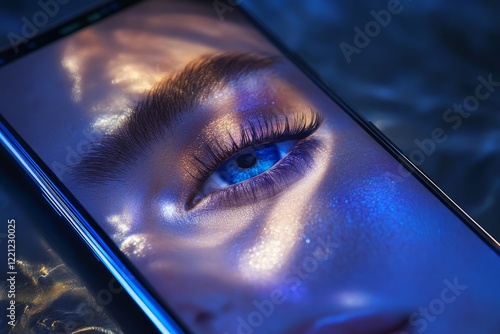 Obraz na płótnie Close-up of a woman's eye displaying vibrant blue colors and intricate details against a dark, reflective background during an artistic photography session w salonie