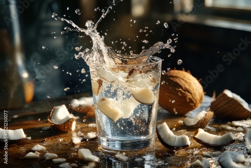 Obraz na płótnie Refreshing coconut water splashes in a glass with broken coconut pieces on a rustic wooden table during late afternoon light w salonie