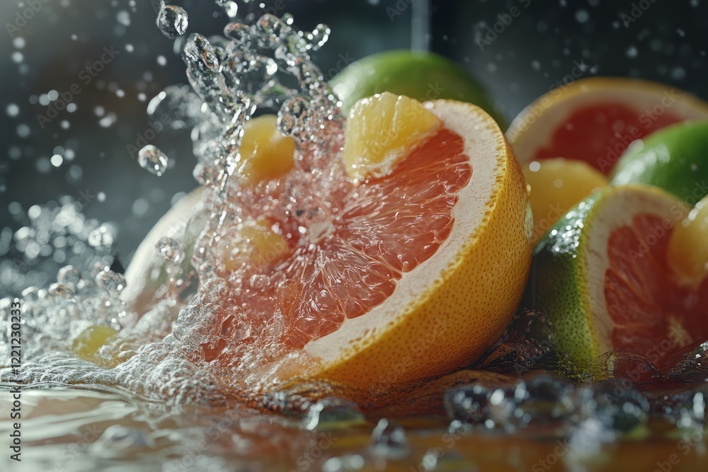 Fresh citrus fruits splash in water creating a vibrant display at a kitchen countertop in the morning