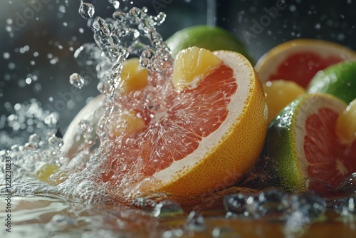 Obraz na płótnie Fresh citrus fruits splash in water creating a vibrant display at a kitchen countertop in the morning w salonie