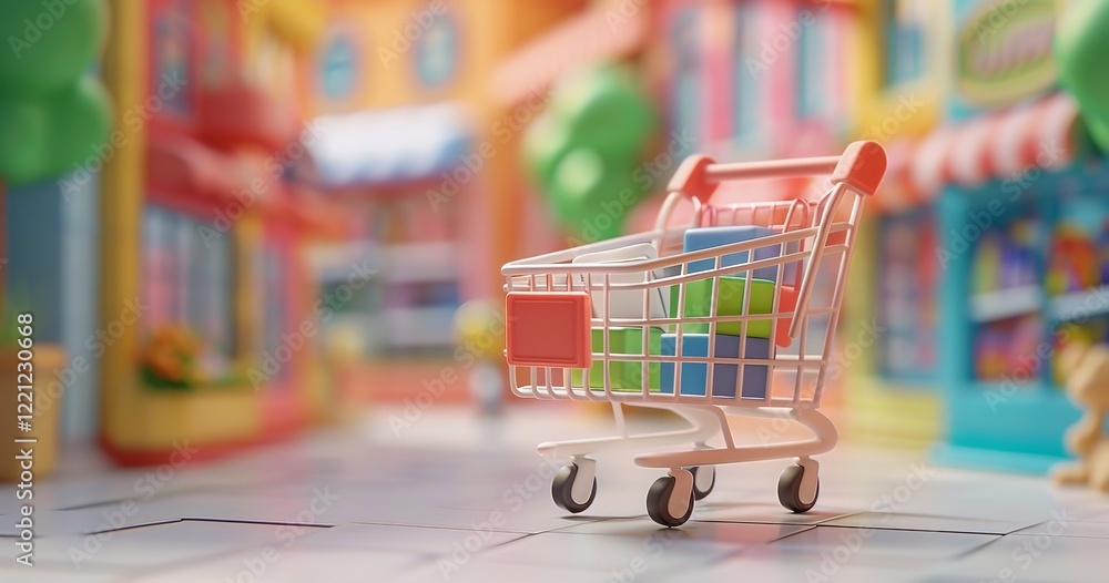 3D cartoon picture of a shopping cart, Generative AI. 3D cartoon picture of a shopping cart, Generative AI.