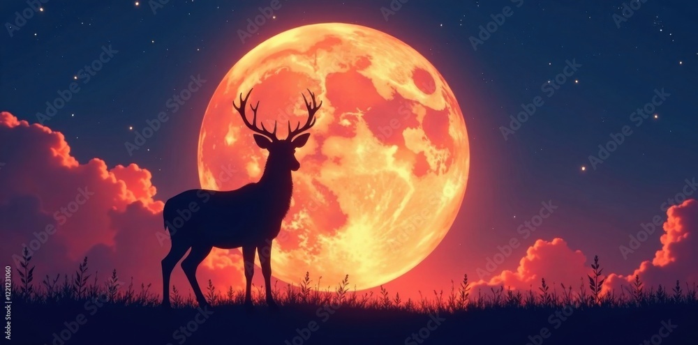 Silhouette of deer against a full moon night sky , deer, hunting Silhouette of deer against a full moon night sky , deer, hunting