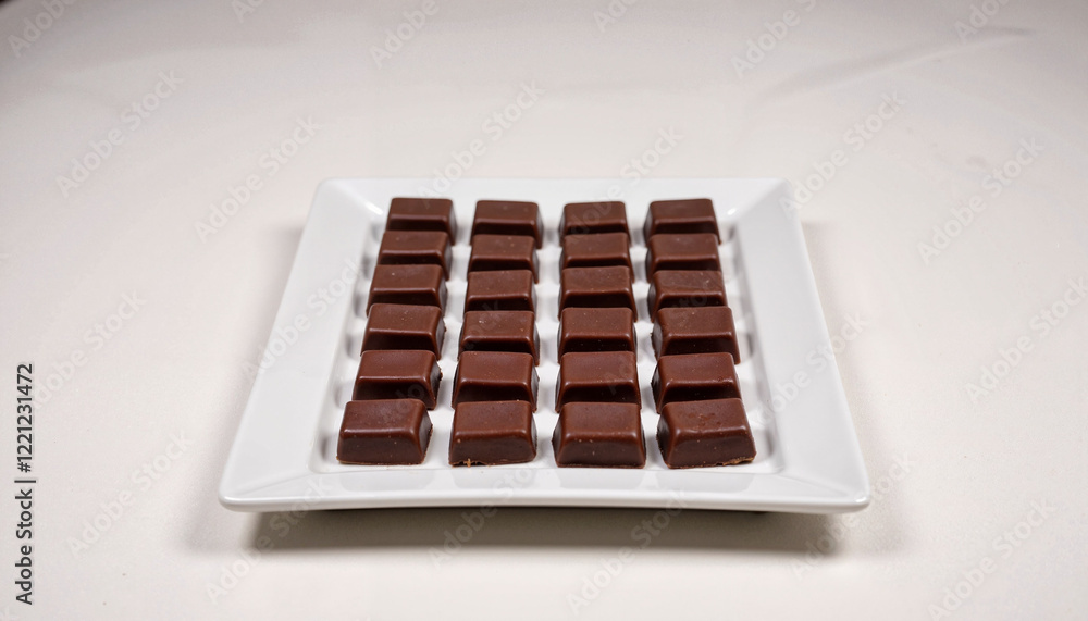 Perfectly arranged chocolate squares on white plate, culinary delight Perfectly arranged chocolate squares on white plate, culinary delight