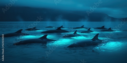 Wallpaper Mural World whale day with marine and habitat idea. Whales swimming in a serene, blue-toned ocean environment. Torontodigital.ca