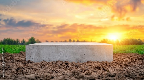 New house construction concrete foundation at sunset frontal view photo