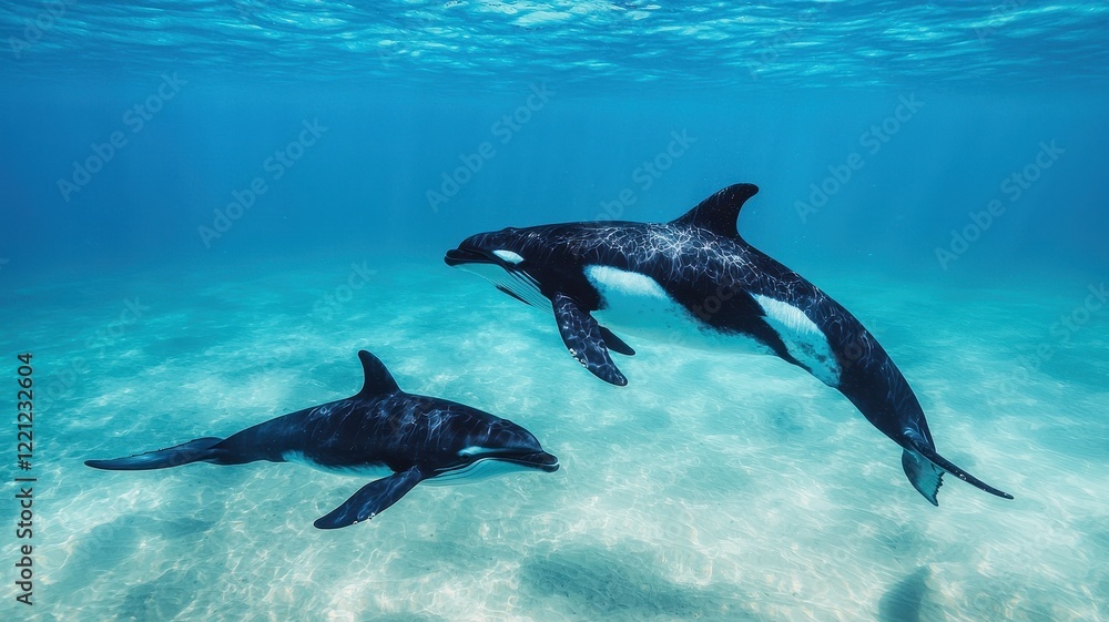 Obraz premium World whale day with marine and habitat idea. Two whales swimming underwater in a clear blue sea.