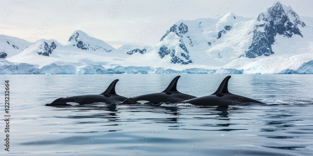 Fototapeta premium World whale day with marine and habitat idea. Three whales swimming in icy waters near snowy mountains.
