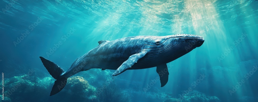 Naklejka premium World whale day with marine and habitat idea. Majestic whale swimming in serene blue waters.