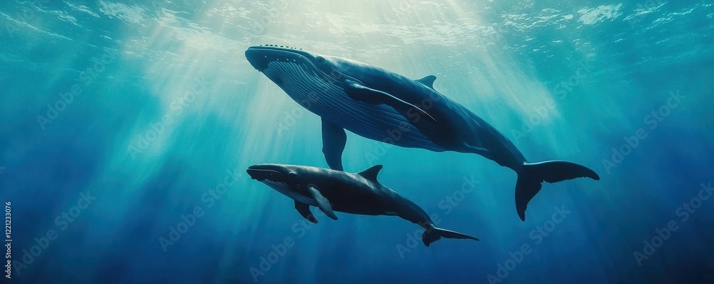 Obraz premium World whale day with marine and habitat idea. Two whales swimming gracefully in clear blue ocean waters.
