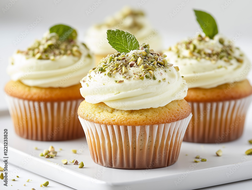 Artistic photo of pistachio cupcakes with cream, nuts, and mint on a clean and modern white background. Artistic photo of pistachio cupcakes with cream, nuts, and mint on a clean and modern white background.