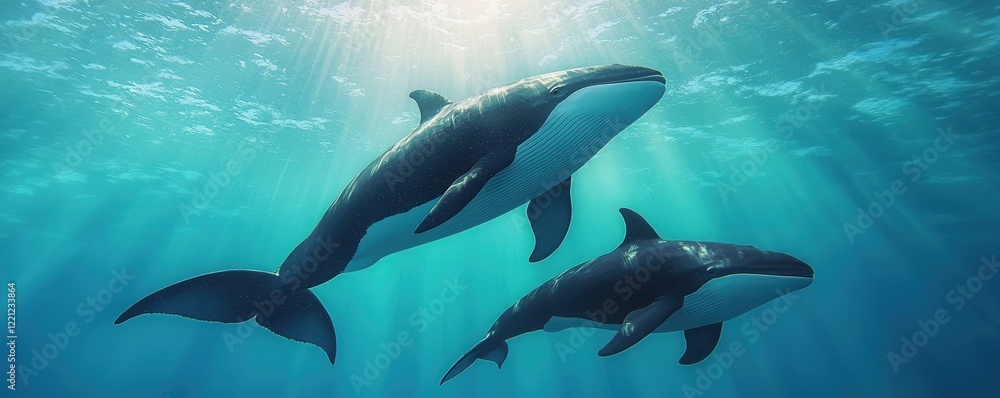Fototapeta premium World whale day with marine and habitat idea. Two whales swimming gracefully in clear blue water.