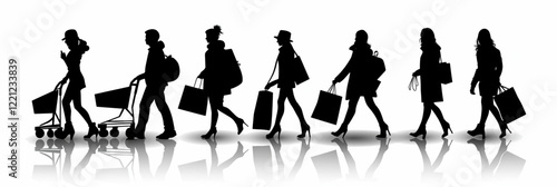 Silhouettes of people shopping and walking in fashionable outfits with family and kids, unique vector icon set