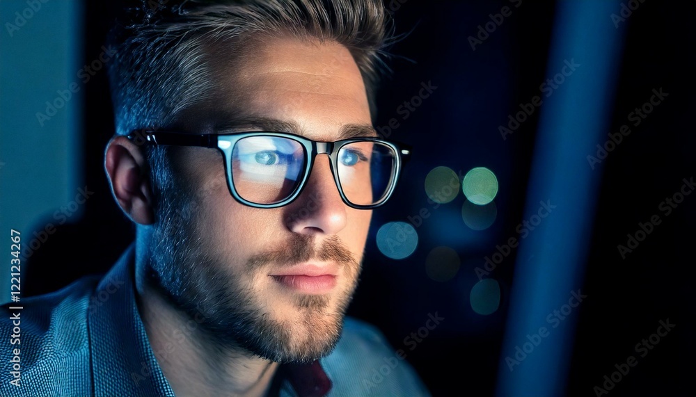 Close-up of a man wearing glasses, working on a computer at night. The scene is illuminated by the glow from the screen and the light reflecting off the lens. Close-up of a man wearing glasses, working on a computer at night. The scene is illuminated by the glow from the screen and the light reflecting off the lens.