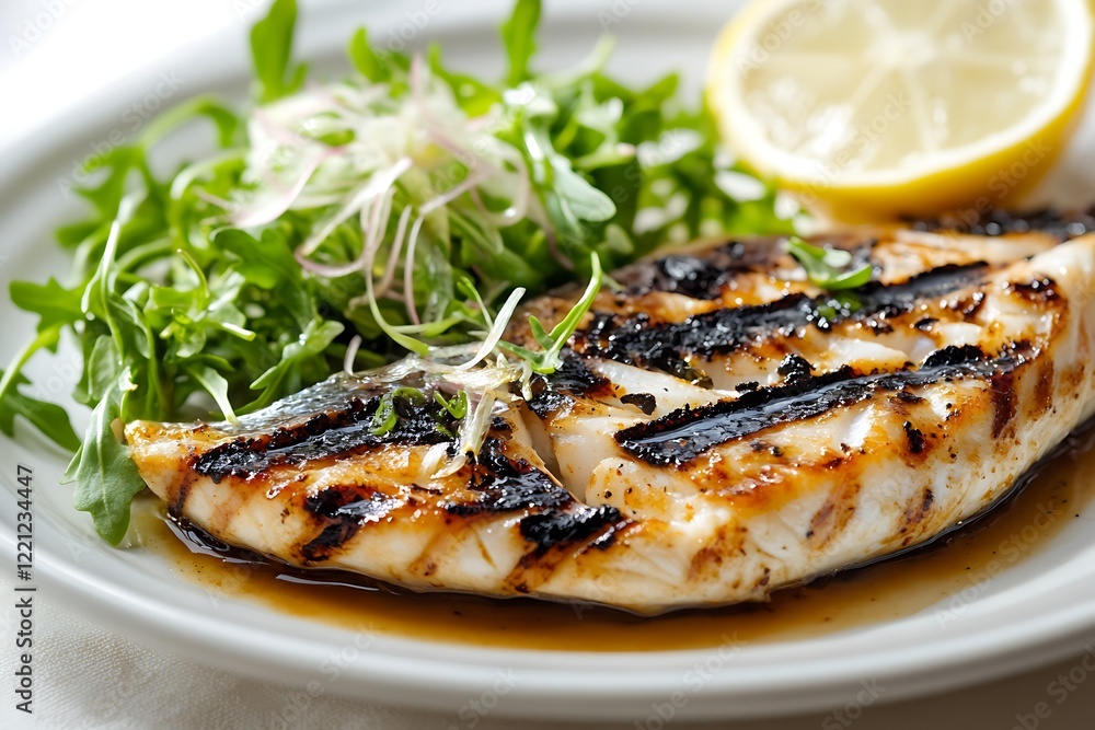 A plate of BBQ grilled swordfish, perfectly cooked, accompanied by a light salad of arugula and shaved fennel. A plate of BBQ grilled swordfish, perfectly cooked, accompanied by a light salad of arugula and shaved fennel.