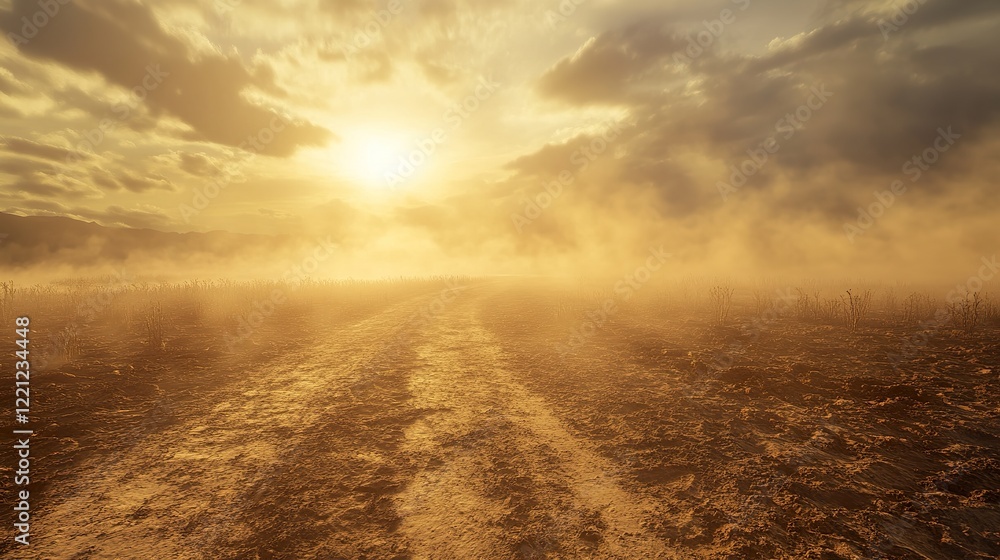Dusty road at sunset, fog over fields, countryside, atmospheric landscape, travel imagery