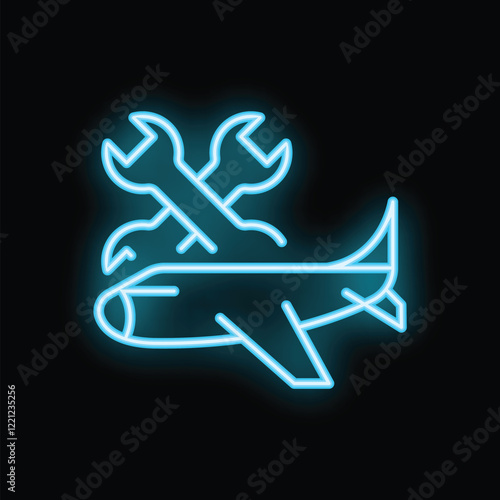 Blue neon icon of an airplane with crossed wrenches, symbolizing aircraft maintenance and repair services