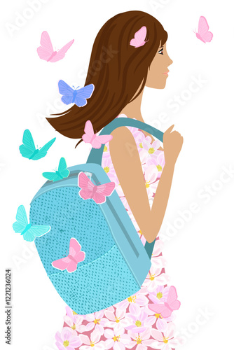 girl in blooming dress with backpack. flying butterflies from open backpack