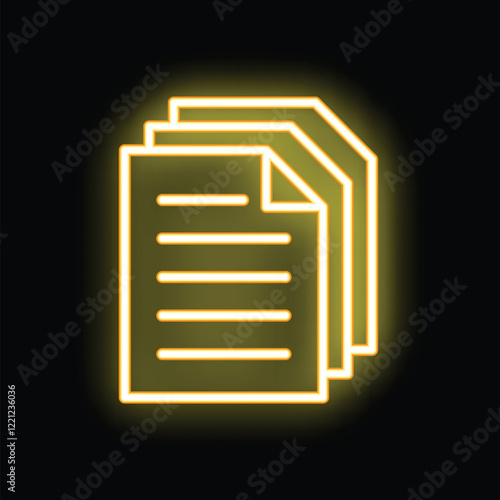 Glowing neon sign representing a stack of documents, symbolizing paperwork, office work, or digital files