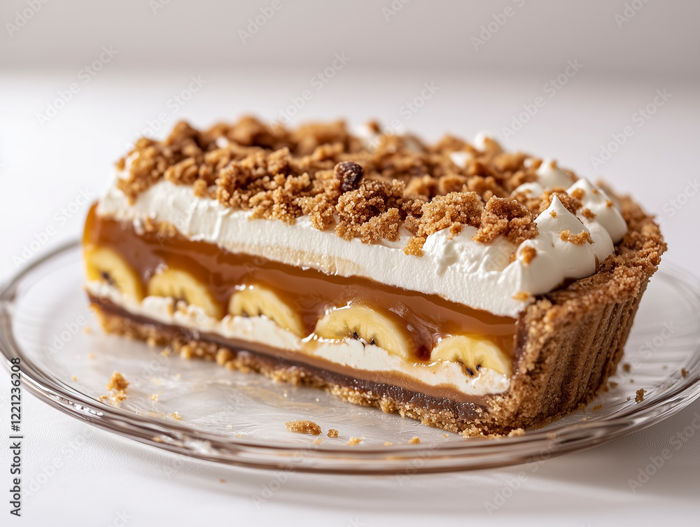 Side-angle shot of Banoffee Pie on glass plate showcasing its perfect dessert layers. Side-angle shot of Banoffee Pie on glass plate showcasing its perfect dessert layers.