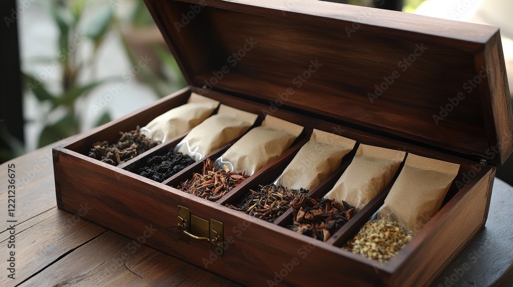 Elegant wooden box with sliding lid, holding assorted herbal teas in sealed pouches. Elegant wooden box with sliding lid, holding assorted herbal teas in sealed pouches.