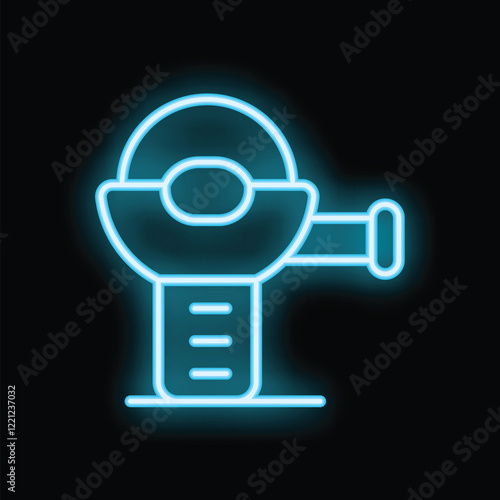 Neon icon of parking meter glowing blue on black background representing paid parking