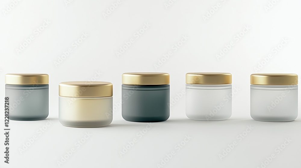 Frosted glass containers with metallic lids, set against a minimalist white background. Frosted glass containers with metallic lids, set against a minimalist white background.