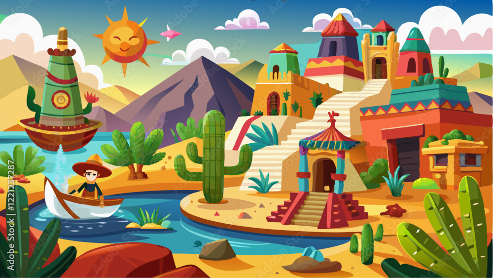 Colorful desert scene with vibrant pyramids, cacti, a river, a small boat, and a smiling sun in a whimsical, lively landscape Colorful desert scene with vibrant pyramids, cacti, a river, a small boat, and a smiling sun in a whimsical, lively landscape