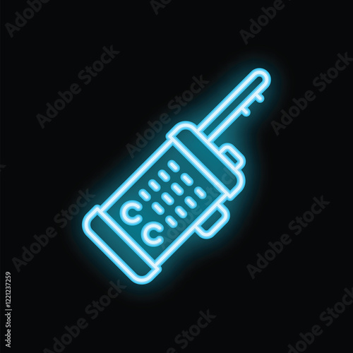 Bright glowing blue neon walkie talkie radio communication device icon on a black background