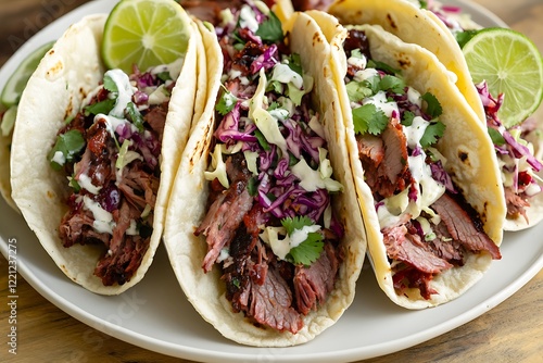 A plate of BBQ smoked brisket tacos, filled with tender meat, served with a fresh lime and cilantro cabbage slaw.