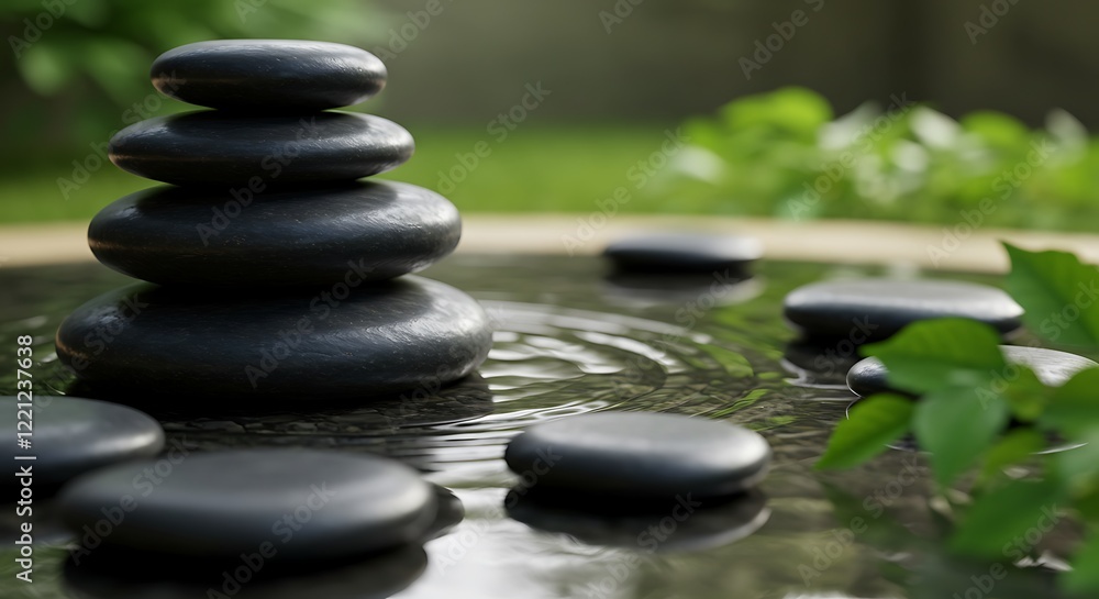Pebble stones stack up in the middle of water pond create a circle of ripples. Created with Generative AI technology Pebble stones stack up in the middle of water pond create a circle of ripples. Created with Generative AI technology