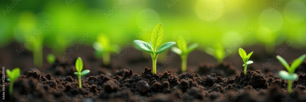 Vibrant green corn sprouts emerge from rich soil , field crops, texture