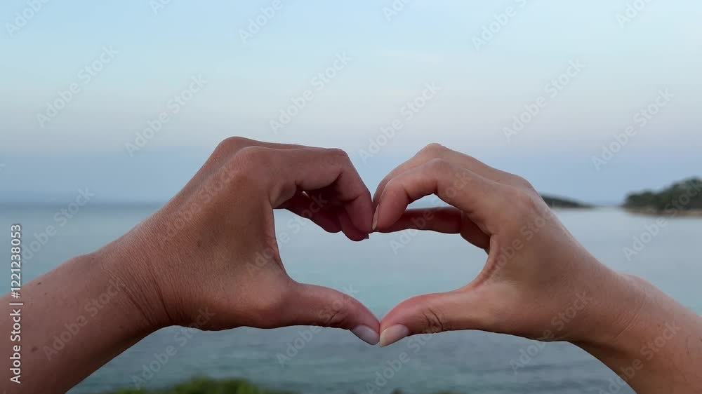 female hands make a heart on the background of the sea female hands make a heart on the background of the sea