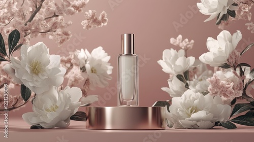 Elegant cosmetic bottle on rose gold podium amidst blooming flowers.