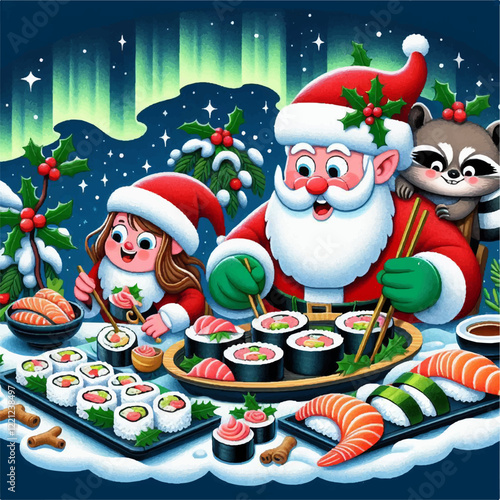 santa claus eating sushi funny vector illustration