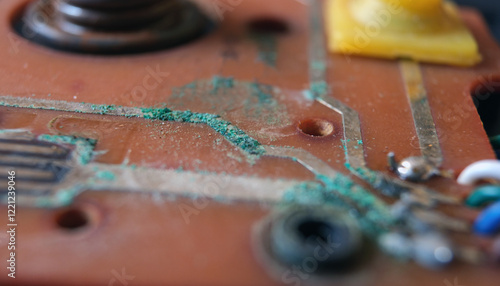 Fotografía Oxidized copper lines which appears green in color on an electronic circuit board