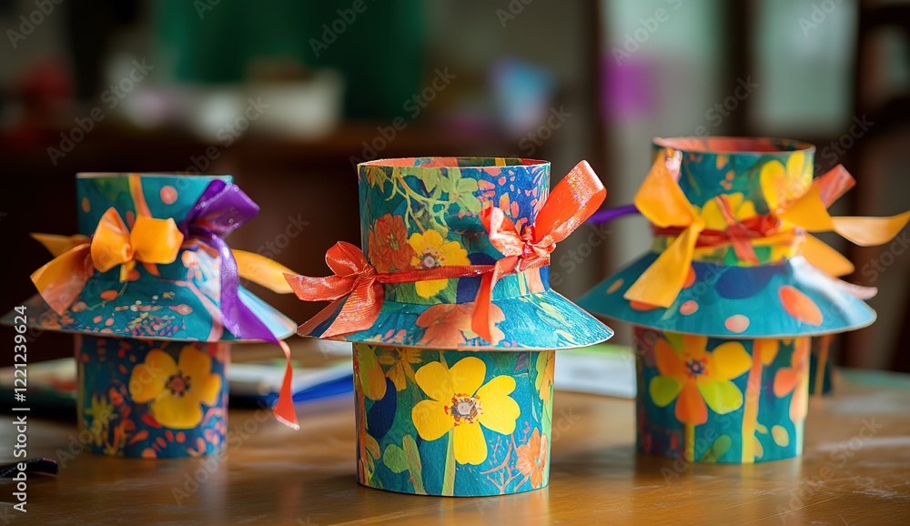Fototapeta premium The paper cup hats were made by the children's painting class in their living room at home, with colorful patterns and ribbons on them. The patterns are simple yet beautiful.