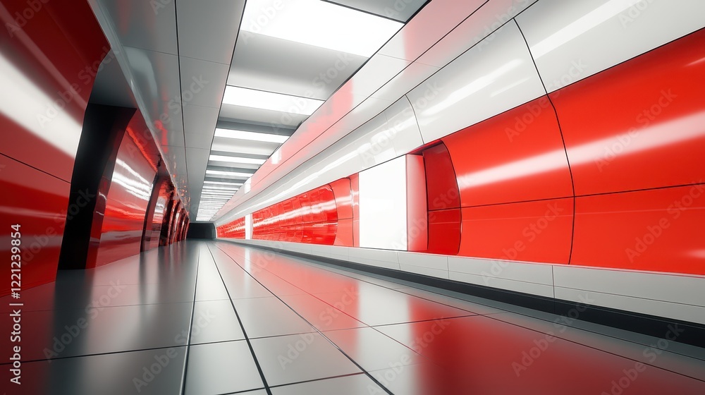 Obraz premium A long subway tunnel featuring a white billboard with striking red accents, highlighting a perspective and advertising design concept in a sleek, modern environment.