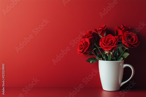 Wallpaper Mural Red roses in a white mug create a trendy and minimal display against a bold red background. For Valentines Day, for Mother's Day, for International Women's Day Torontodigital.ca