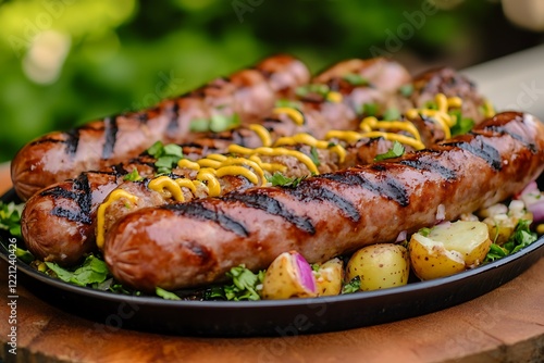 A platter of BBQ grilled bratwurst, served with a mustardy German potato salad. photo