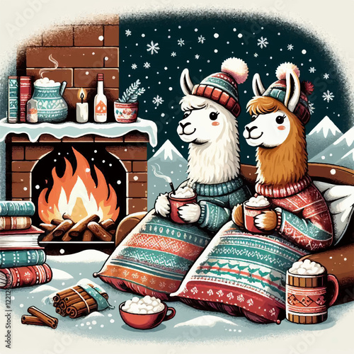 llamas cozy under blanket around fireplace christmas funny vector illustration